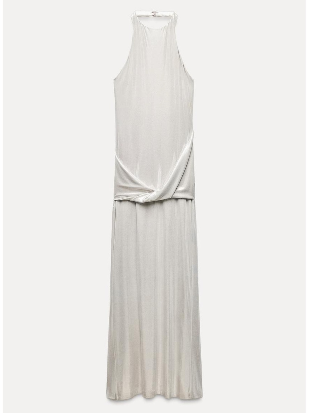 Zara Metallic Champagne Halter Ruched Maxi Dress